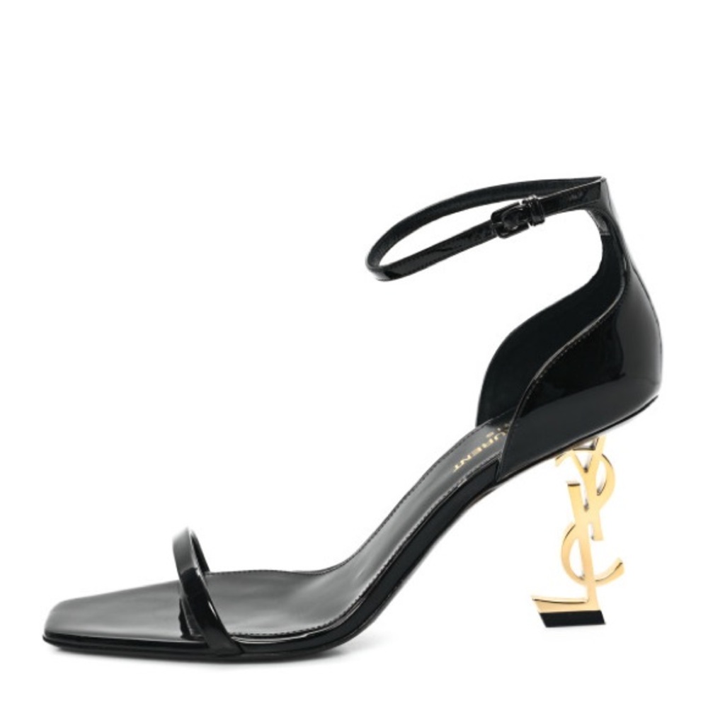 Yves Saint Laurent Glossy Black Heels with Gold Logo 85